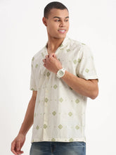 Men Cuban Collar Geometric Cream Shirt-Rippon-2346-Cream